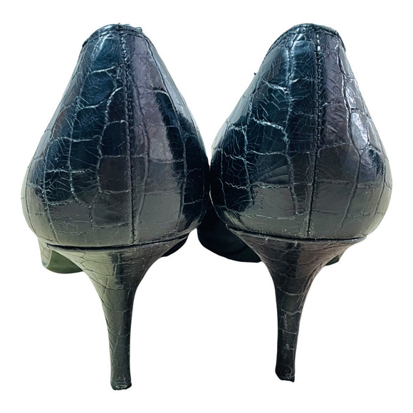 Donald J Pliner Sz 9.5 Black Leather Crocodile Skin Pattern Peep Toe Heels - Picture 7 of 10